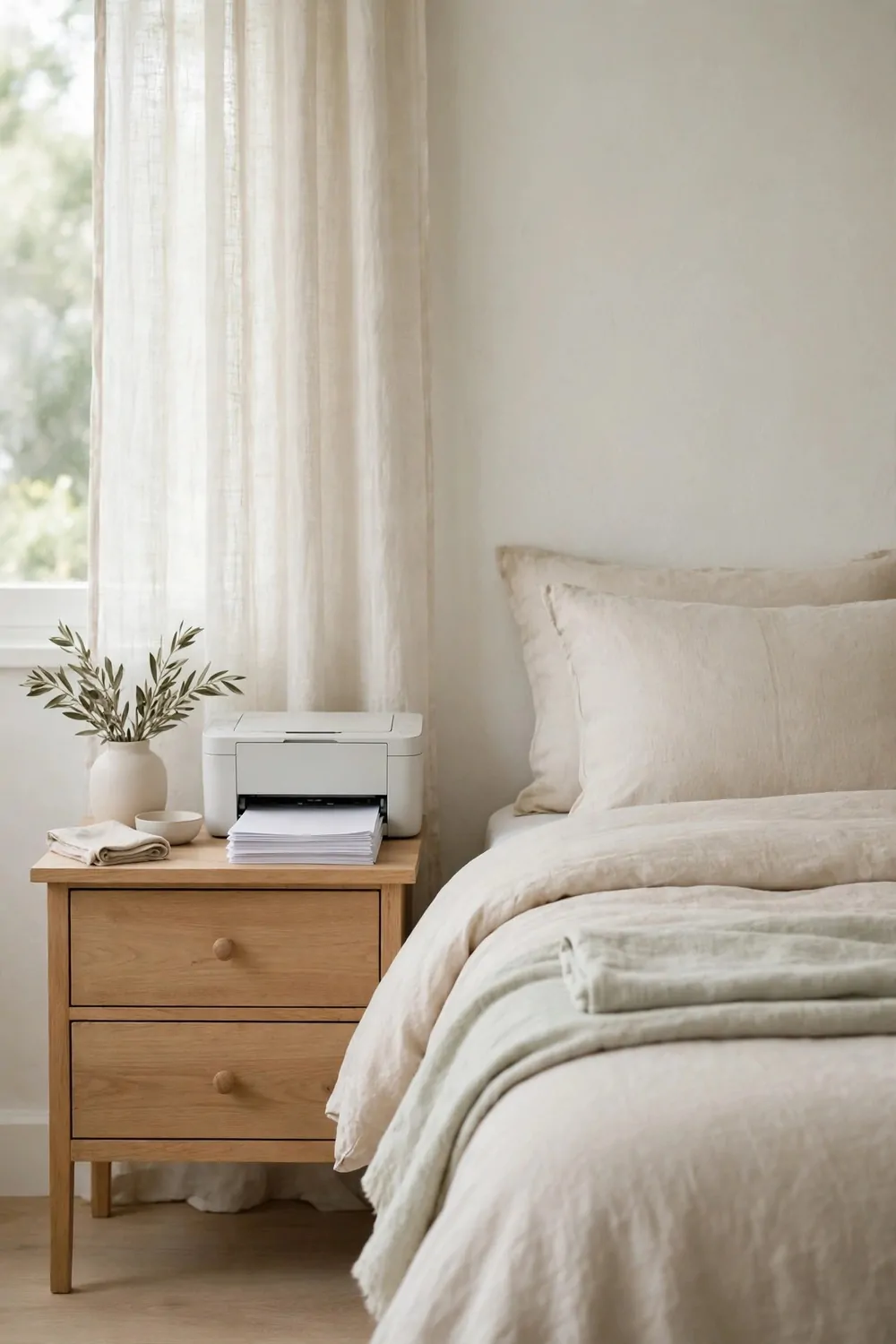 A small nightstand beside a made bed holding a printer and a stack of papers