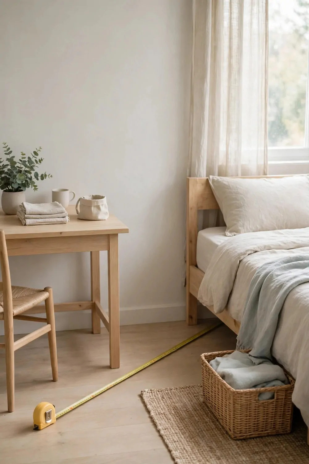 A tape measure stretched across a small bedroom floor beside a desk and a bed