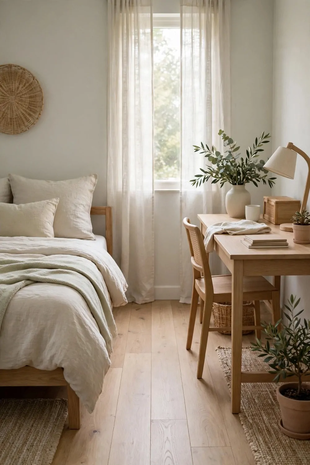 A small bedroom office with a clear empty wooden floor in the middle, bed on one side and desk on the other