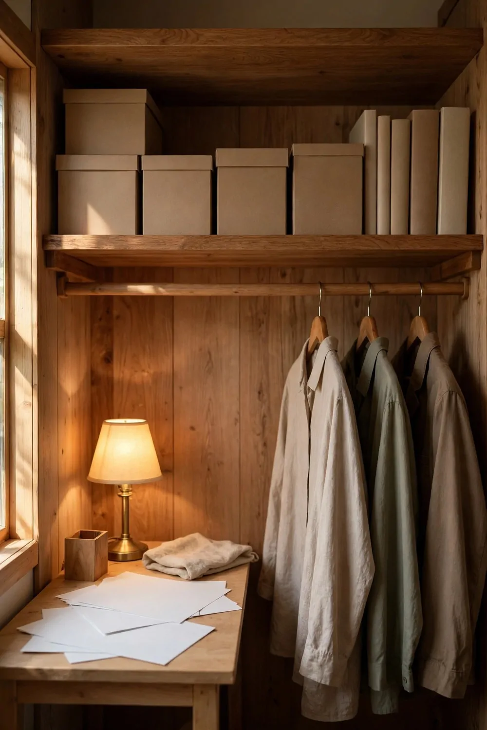 A high wooden shelf holding plain tan storage boxes and plain blank-spined books above a wooden clothes rod, with a small wood desk on the left holding a glowing shaded lamp, blank white papers and a small wooden pen cup, and plain beige and olive shirts hanging on the right against a wood-panelled wall.