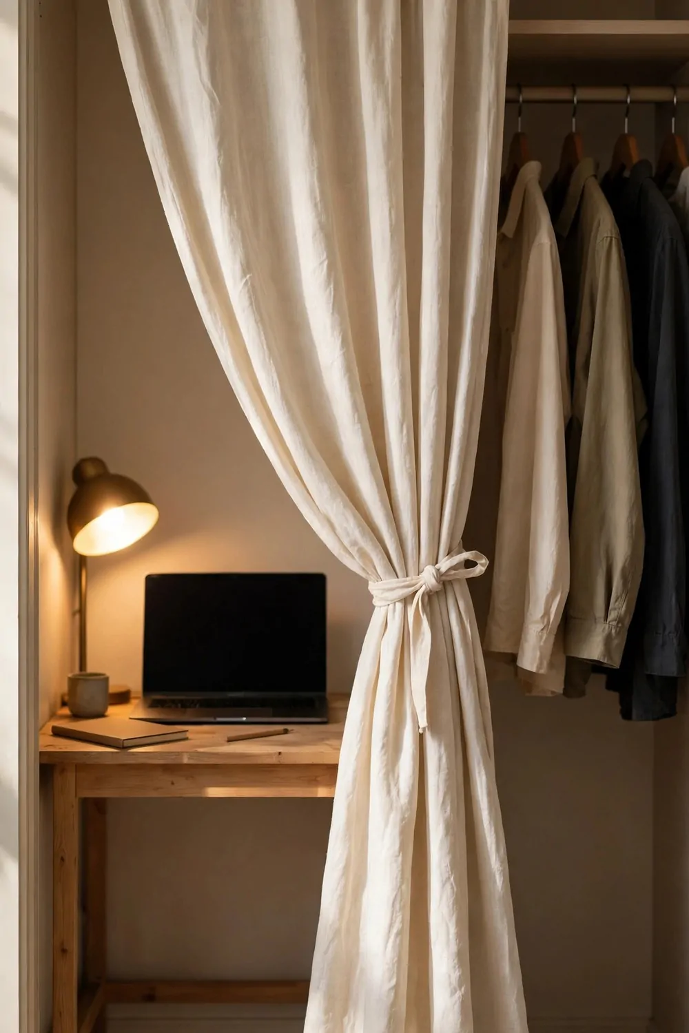 A cream linen curtain hanging down the centre tied back with a fabric tie, revealing a light wood desk on the left with a glowing brass lamp, a laptop with a blank dark screen, a closed notebook and a small cup, with plain beige, olive and dark shirts hanging on a rail on the right.