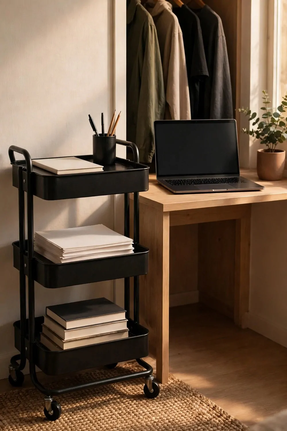 A slim black three-tier rolling cart in the foreground holding a blank notebook and black pen cup on top, blank white papers in the middle and blank-spined books below, beside a light wood desk with a laptop with a blank dark screen and a potted plant, with plain olive, beige and black clothes hanging behind.