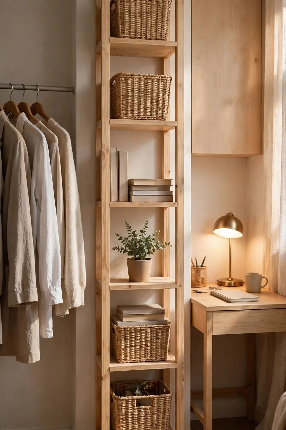 A narrow tall light wood shelf tower standing in the centre holding woven baskets, plain blank-spined books and a small potted eucalyptus plant, with plain beige and white clothes hanging on a rail on the left and a small wood desk on the right holding a glowing brass dome lamp, a mug and a closed notebook.
