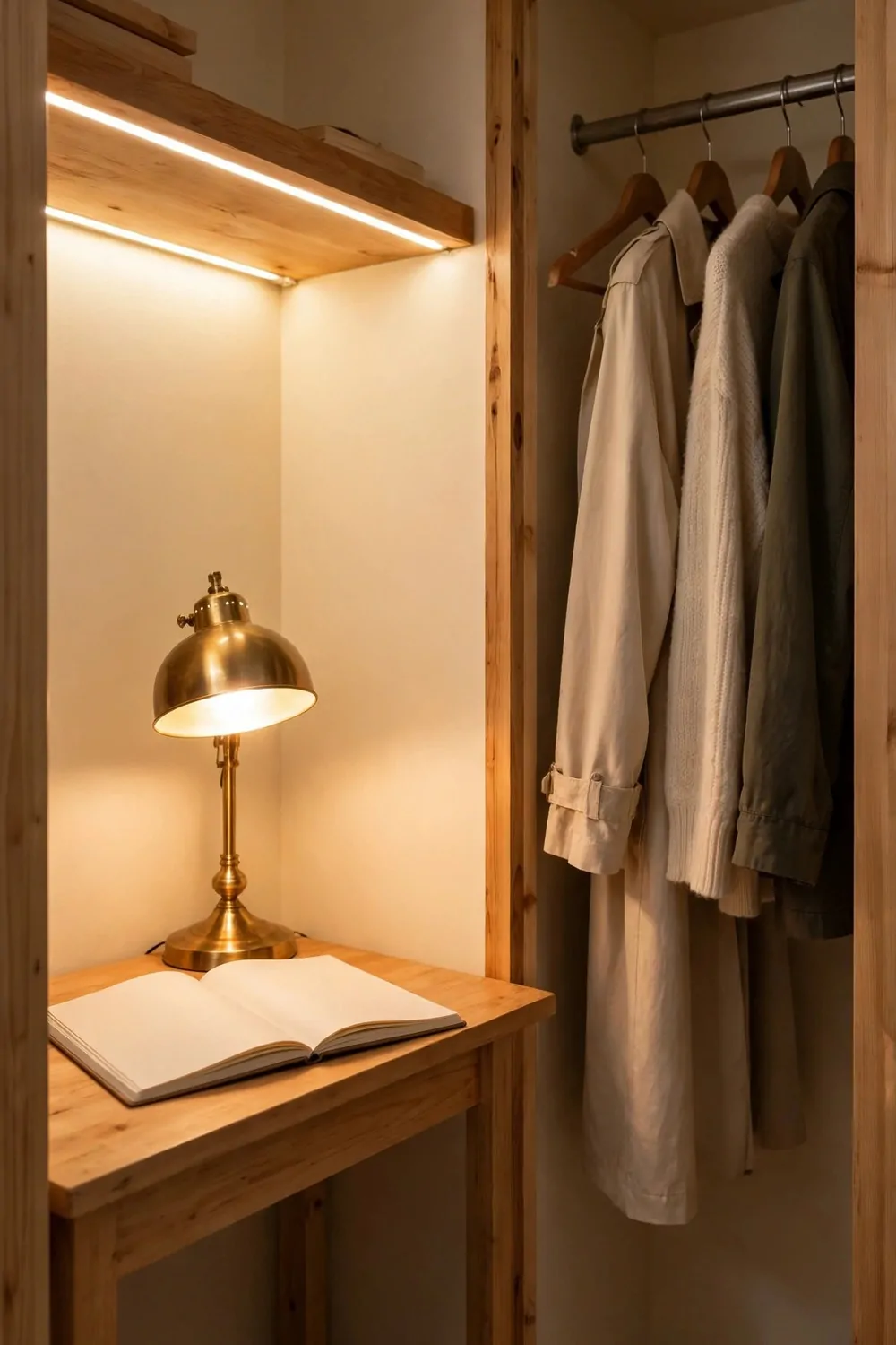 A bright LED strip glowing under a wooden shelf above a small wood desk with a glowing brass dome lamp shining over an open blank notebook, with plain beige, cream and olive clothes hanging on a rail on the right half against cream walls.