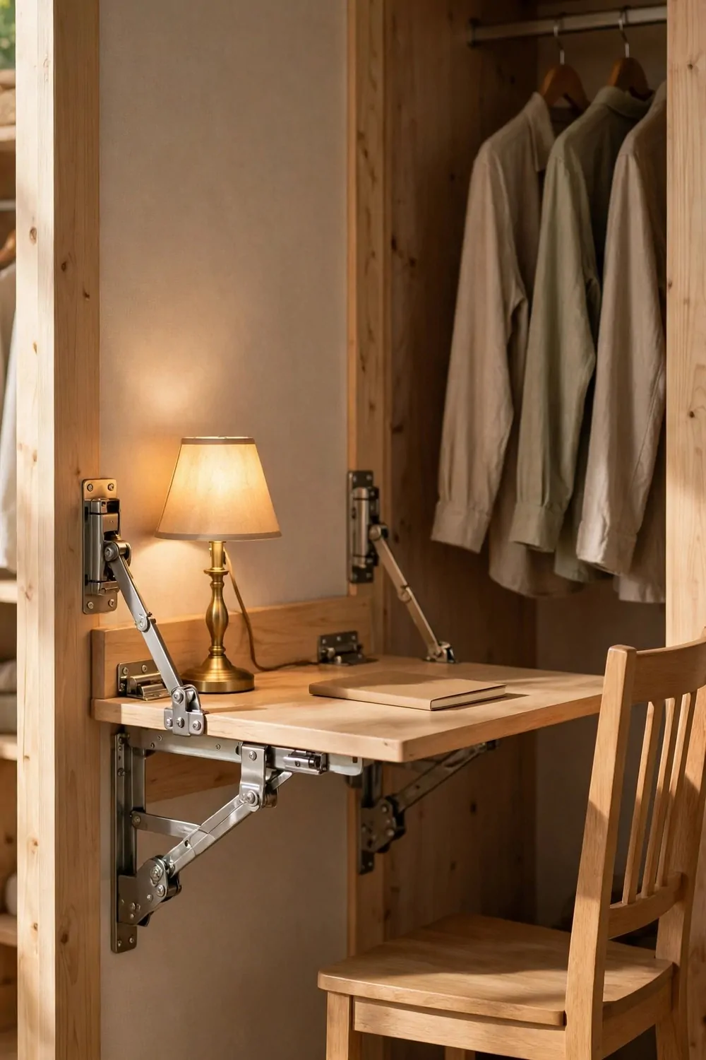 A wall-mounted fold-down light wood desk with large silver metal hinges and folding brackets clearly visible, holding a lit brass lamp with a fabric shade and a closed plain tan notebook, with a wooden slat chair beside it and plain shirts hanging nearby.