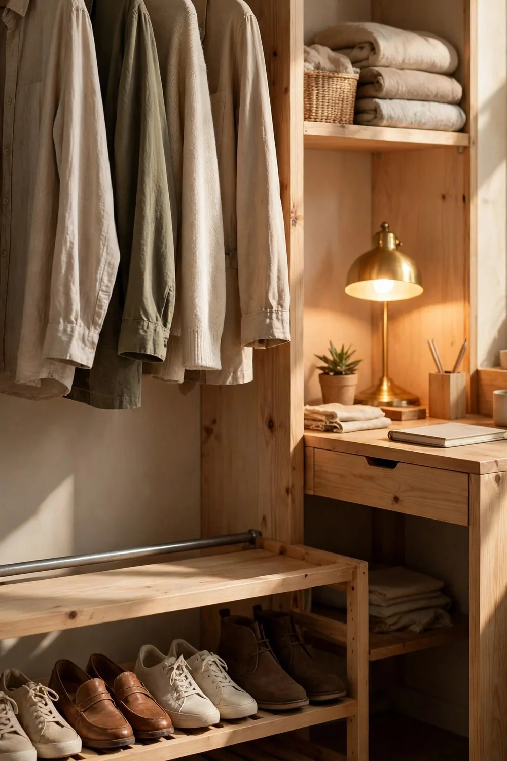 A low open wooden shoe rack under hanging plain shirts holding neat pairs of plain shoes with no logos, with a small wood desk holding a glowing brass lamp, a small plant and a notebook visible on the other half of the closet.
