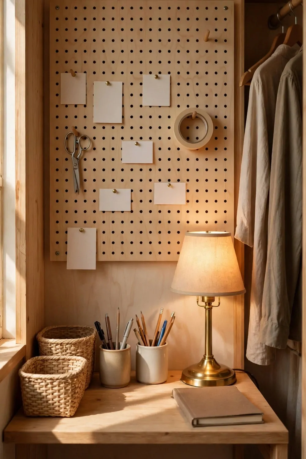 A light wood pegboard above a small closet desk holding scissors, a roll of plain tape and six small blank pinned cards, with two woven baskets and two cups of pens and pencils, a lit brass lamp and a closed plain notebook on the desk below, and plain clothes hanging at the right side.