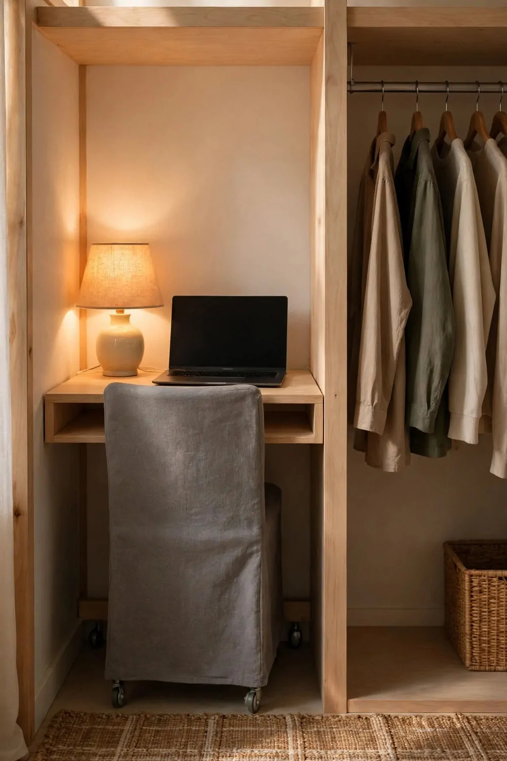 A slim armless grey fabric chair seen from behind pushed fully under a small light wood desk holding a laptop with a blank dark screen and a glowing cream lamp, with plain clothes hanging on a rail on the other half and a woven rug below.