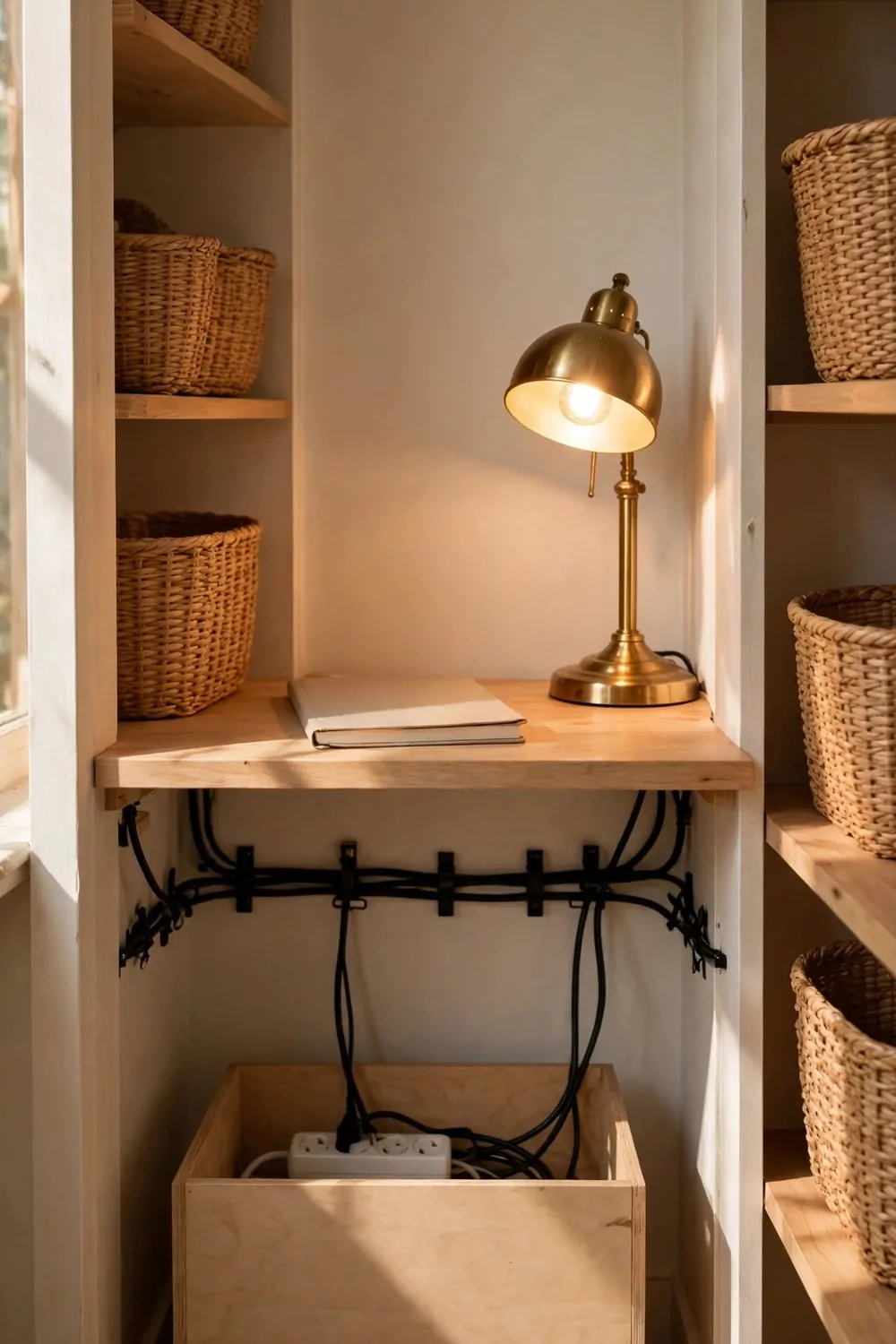 A light wood closet desk with a glowing brass dome lamp and a closed blank notebook on top, with black cables clipped in a neat row under the desk running into an open plain light wood box holding a white power strip, and woven baskets on shelves on both sides.