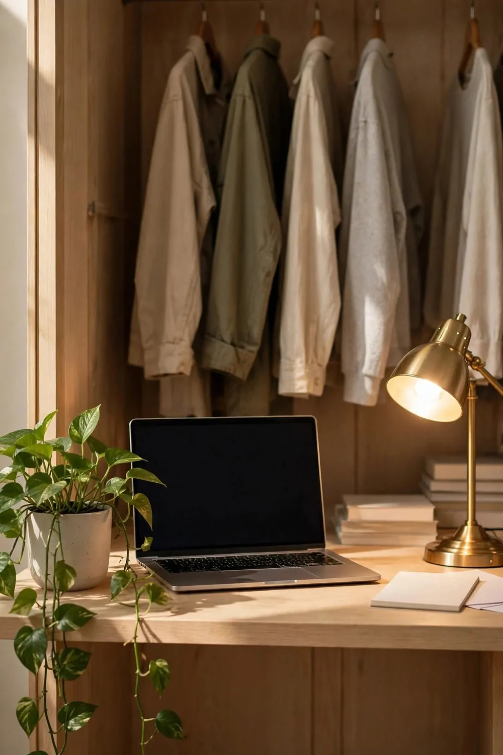 A light wood closet desk with a potted pothos with long green vines hanging over the front edge, an open laptop with a blank dark screen, a glowing brass desk lamp and blank books and papers, with plain beige, olive and grey clothes hanging on a rail behind.
