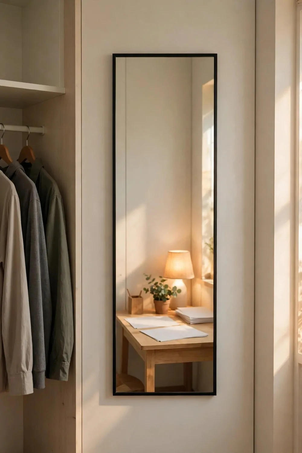 A tall narrow rectangular mirror with a thin black frame mounted on a pale closet wall, reflecting a small light wood desk holding a glowing lamp with a fabric shade, a small potted plant and blank white papers, with plain beige, grey and olive clothes hanging on a rail beside the mirror.