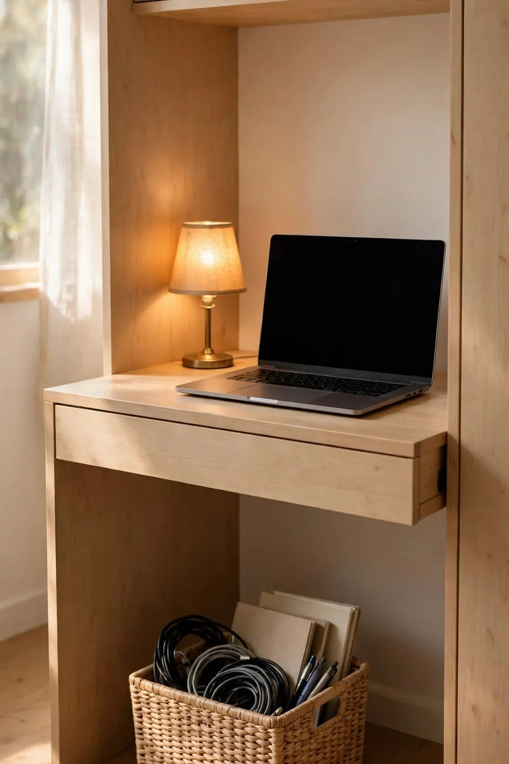 A light wood closet desk with a laptop with a blank dark screen and a glowing fabric-shade lamp on top, with a plain woven basket underneath holding coiled black and grey cables, pens and upright blank notebooks.