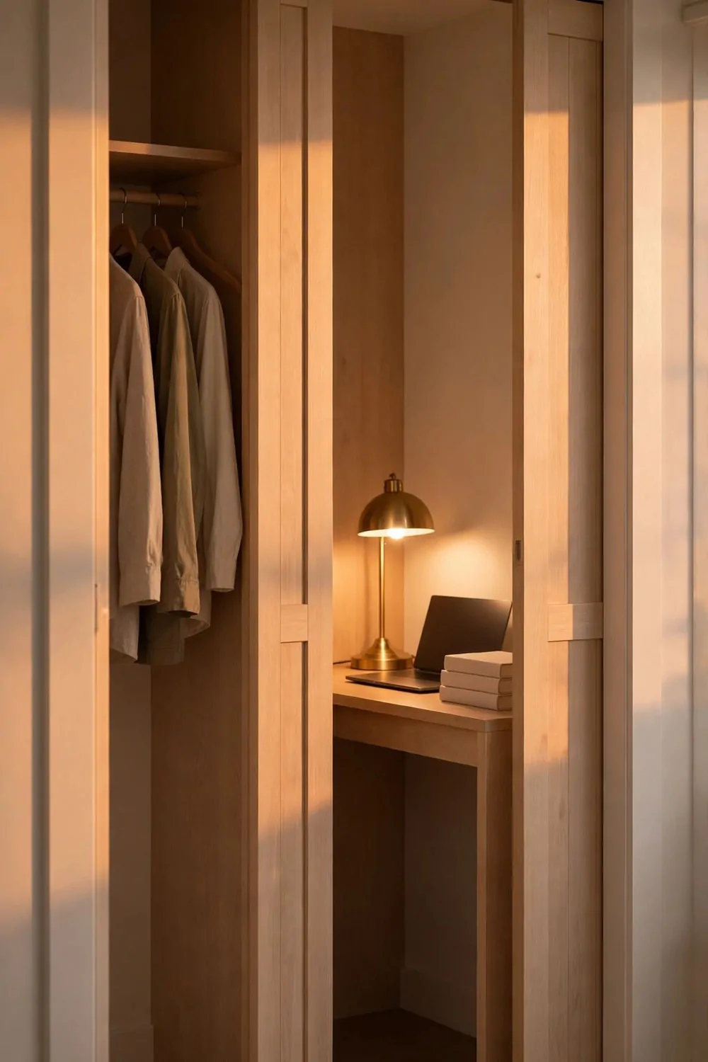 A closet seen through light wood sliding doors left half-closed in warm evening light, with plain shirts hanging on a rail on the left and a tidy wooden desk holding a glowing brass dome lamp, a dark laptop and a stack of three plain blank books.