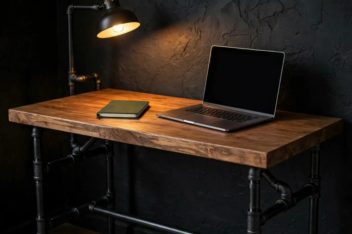 16 Ikea Office Ideas Workspaces Industrial Fans Will Love 1 A black metal pipe leg desk with a thick wood top, laptop and notebook on it, dark wall behind