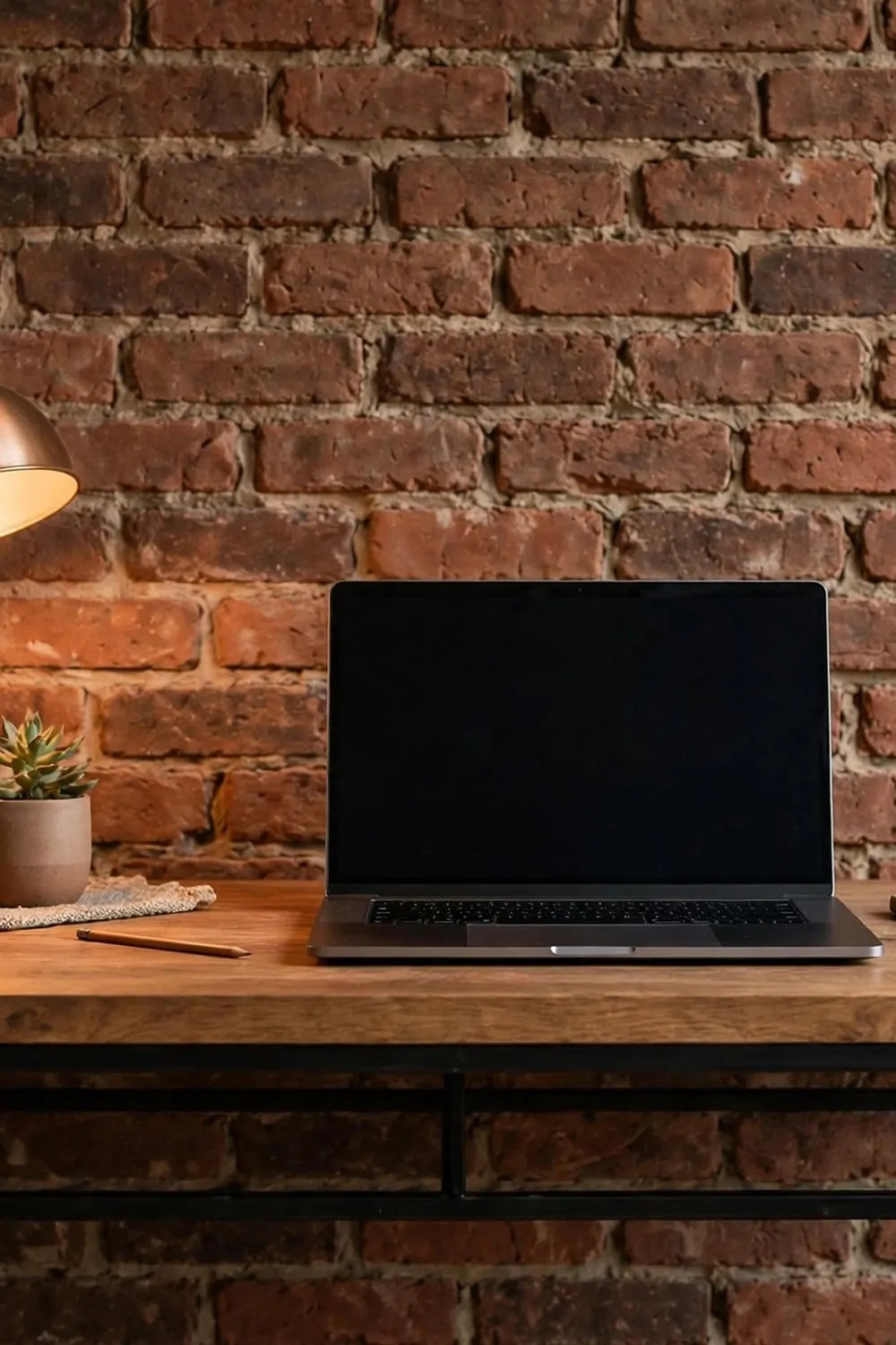 16 Ikea Office Ideas Workspaces Industrial Fans Will Love 2 An exposed brick wall behind a wood desk with a black metal frame, laptop and warm lamp on the desk