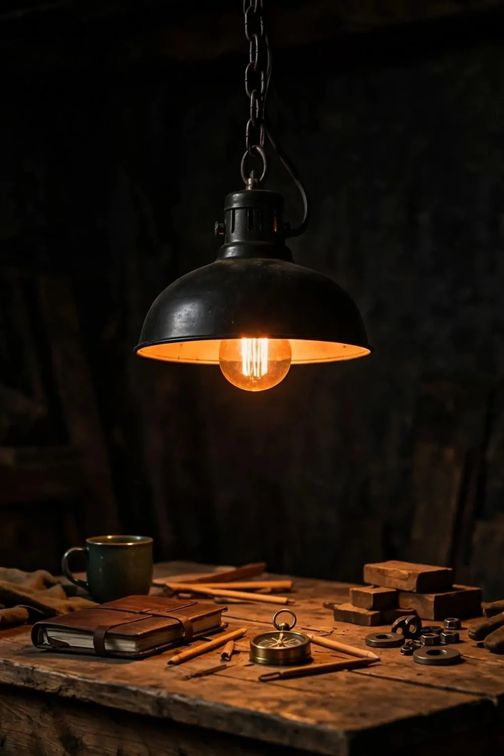 16 Ikea Office Ideas Workspaces Industrial Fans Will Love 3 A black metal factory lamp hanging on a chain over a wood desk, warm amber glow
