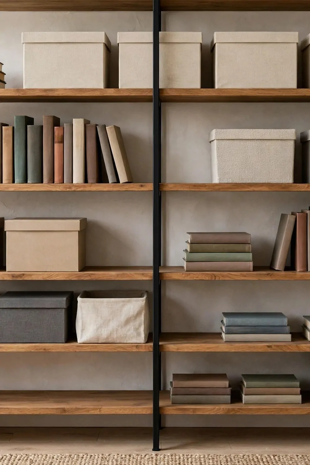 16 Ikea Office Ideas Workspaces Industrial Fans Will Love 4 Open shelves with a black steel frame and wood boards, books and plain storage boxes on them