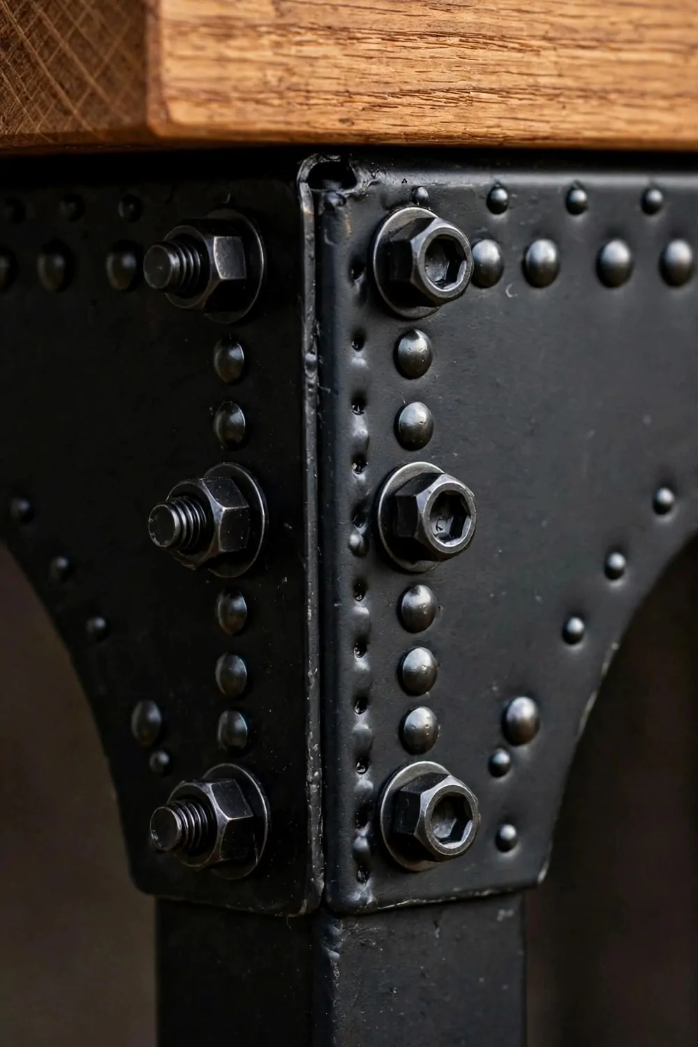 16 Ikea Office Ideas Workspaces Industrial Fans Will Love 6 Close-up of visible metal rivets and hex bolts on a black metal desk frame with a warm wood top