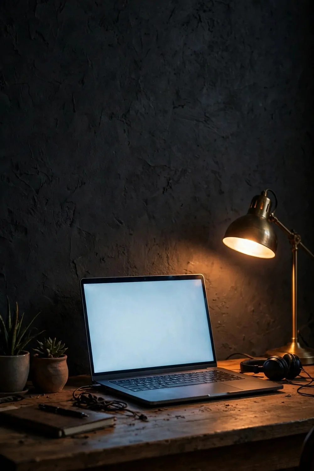 16 Ikea Office Ideas Workspaces Industrial Fans Will Love 7 A dark charcoal wall behind a wood desk, laptop screen glowing, warm lamp light