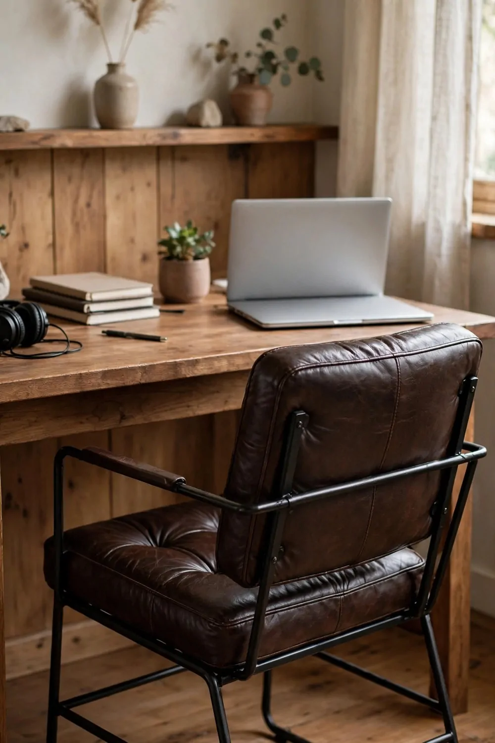 16 Ikea Office Ideas Workspaces Industrial Fans Will Love 8 A dark brown leather chair with a black steel frame at a wood desk, laptop on the desk