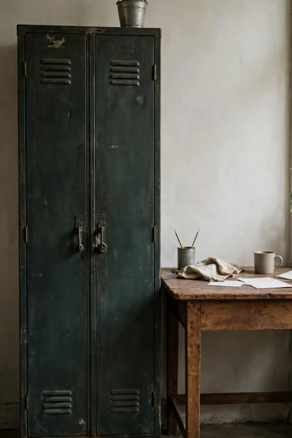 16 Ikea Office Ideas Workspaces Industrial Fans Will Love 9 A tall old dark green metal locker beside a desk, one small plant in a plain metal pot on top
