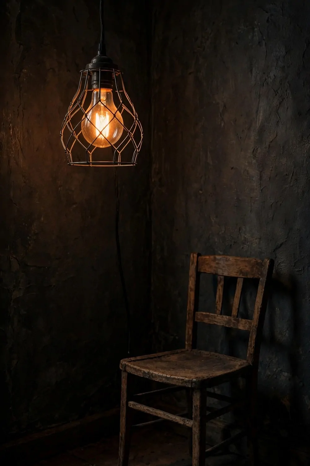 16 Ikea Office Ideas Workspaces Industrial Fans Will Love 10 A bare bulb inside a wire cage hanging in a dark corner, warm amber glow, wooden chair nearby