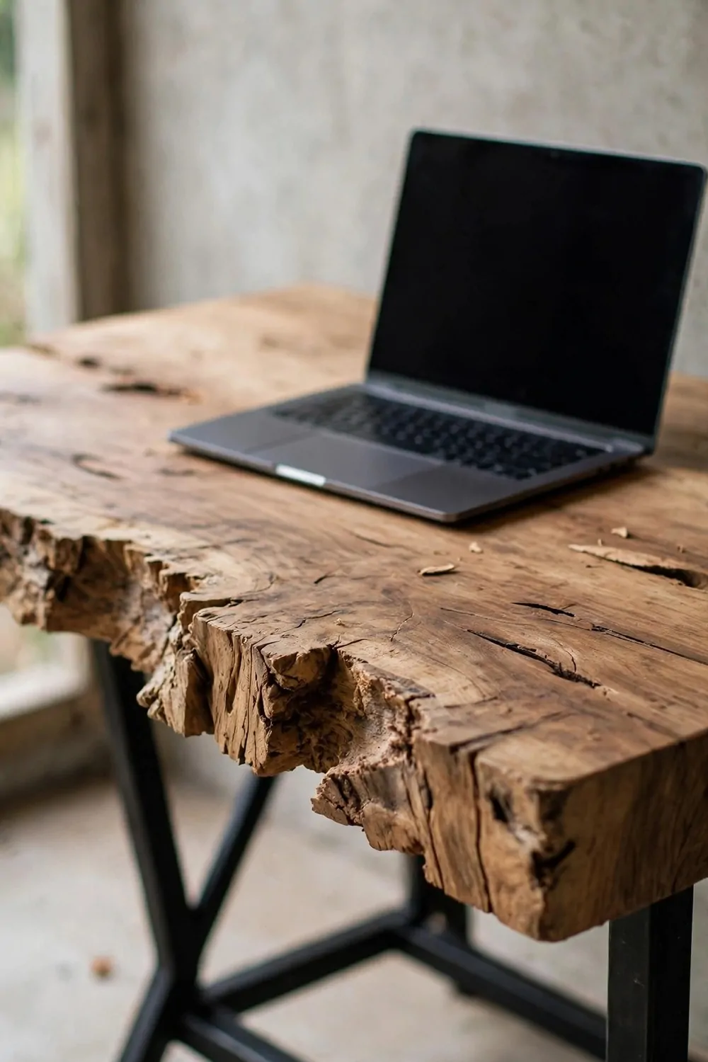16 Ikea Office Ideas Workspaces Industrial Fans Will Love 11 A thick raw wood slab desk top with a natural rough live edge on black metal legs, laptop on it