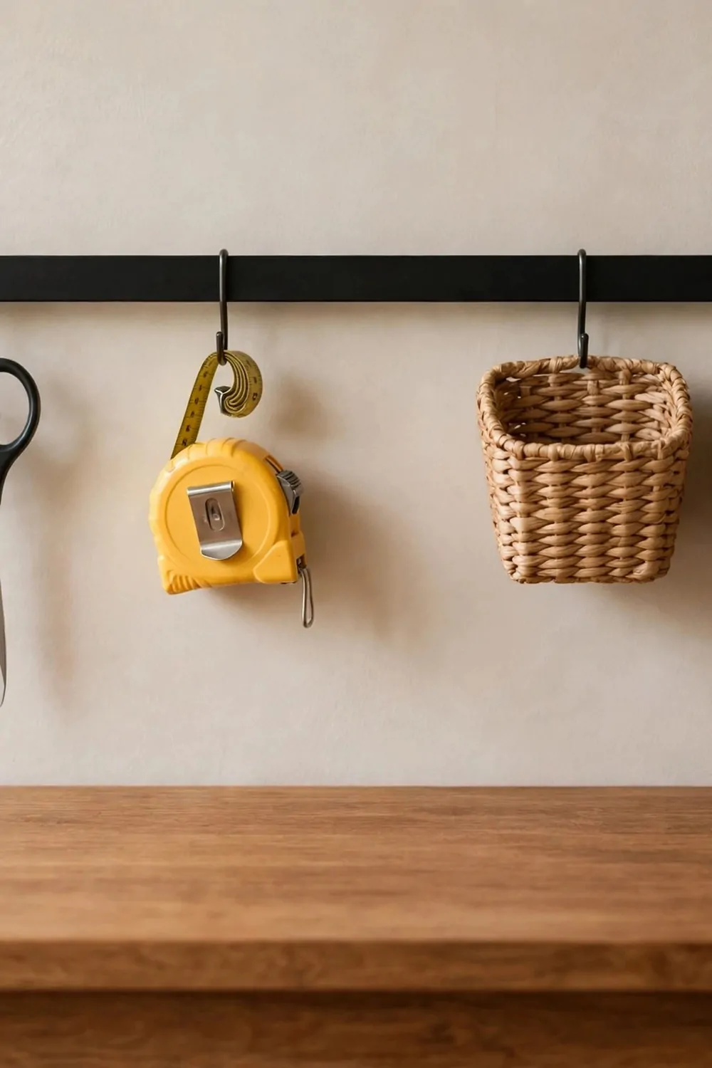 16 Ikea Office Ideas Workspaces Industrial Fans Will Love 12 A metal wall rail with hooks holding scissors, a tape measure and small baskets above a wood desk