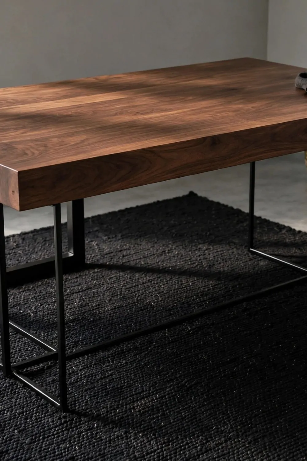 16 Ikea Office Ideas Workspaces Industrial Fans Will Love 13 A wood desk top with black metal legs and a dark rug underneath, black and wood contrast