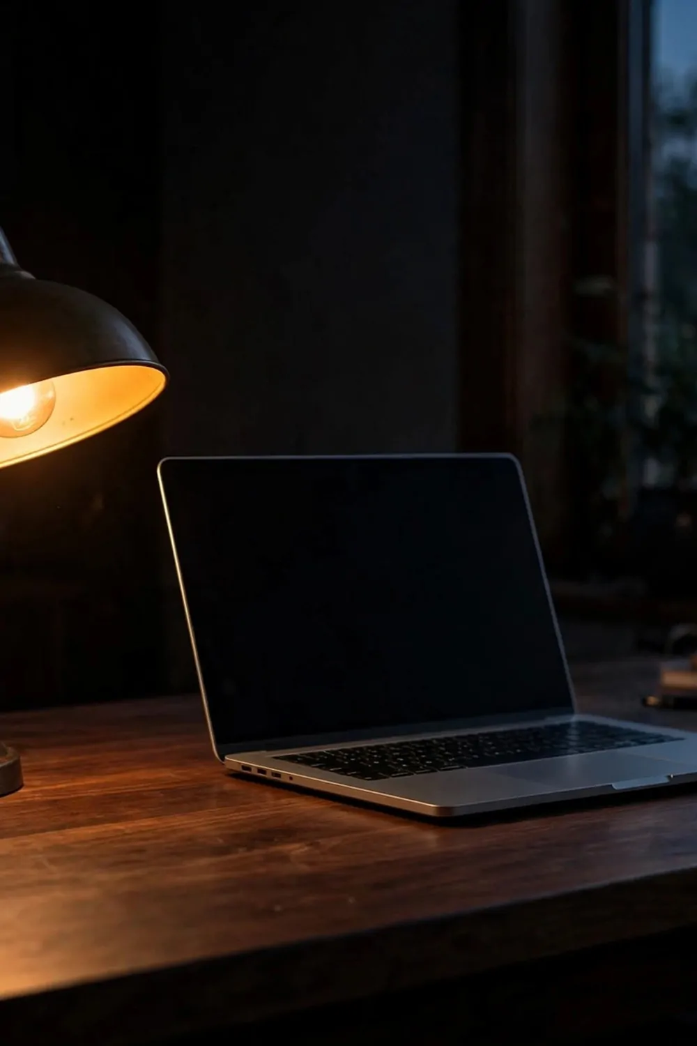 16 Ikea Office Ideas Workspaces Industrial Fans Will Love 15 A warm amber desk lamp glowing on a dark wood desk at dusk, laptop beside it