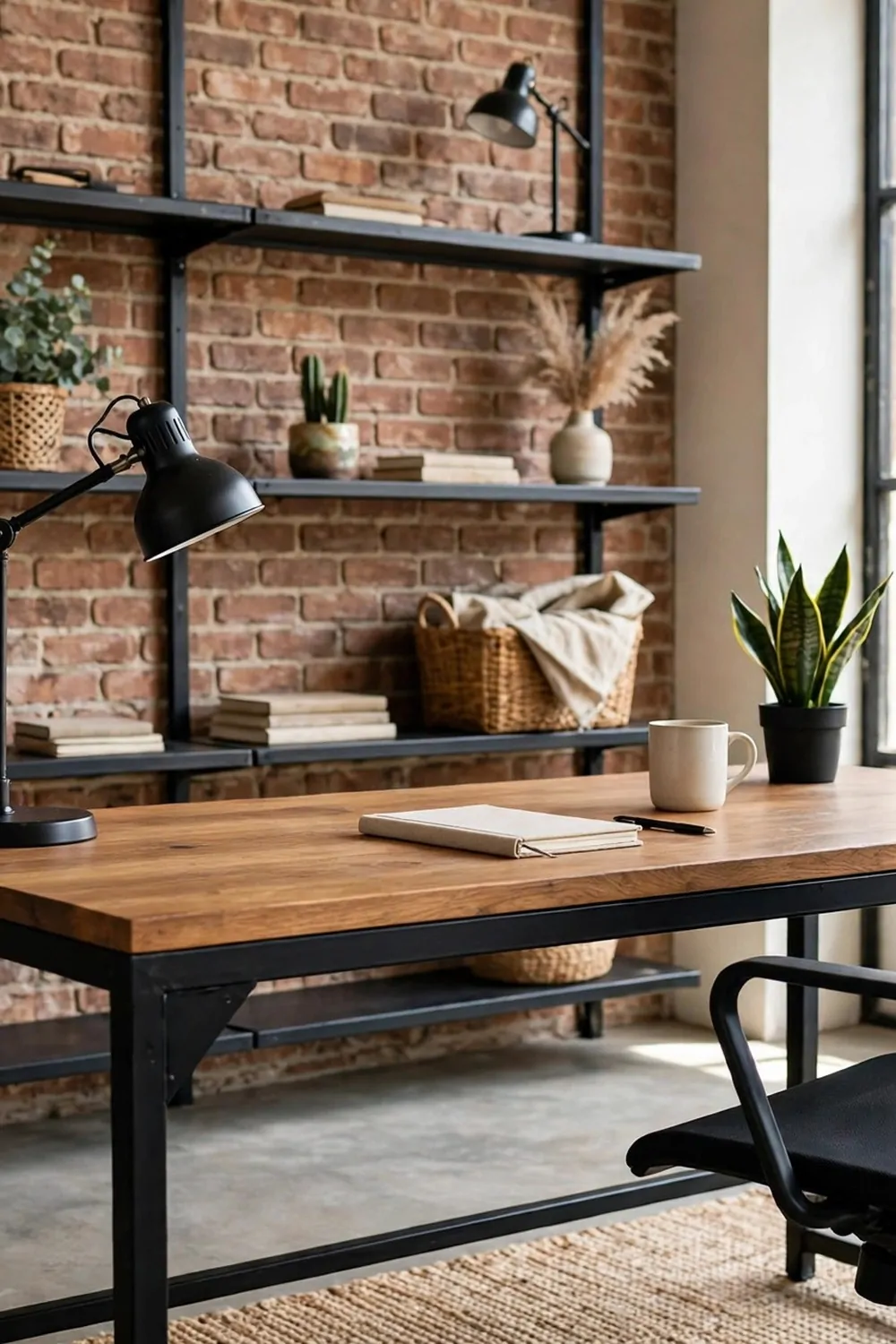 16 Ikea Office Ideas Workspaces Industrial Fans Will Love 16 A bright industrial home office with a black metal desk, warm wood top, brick wall and black metal shelves