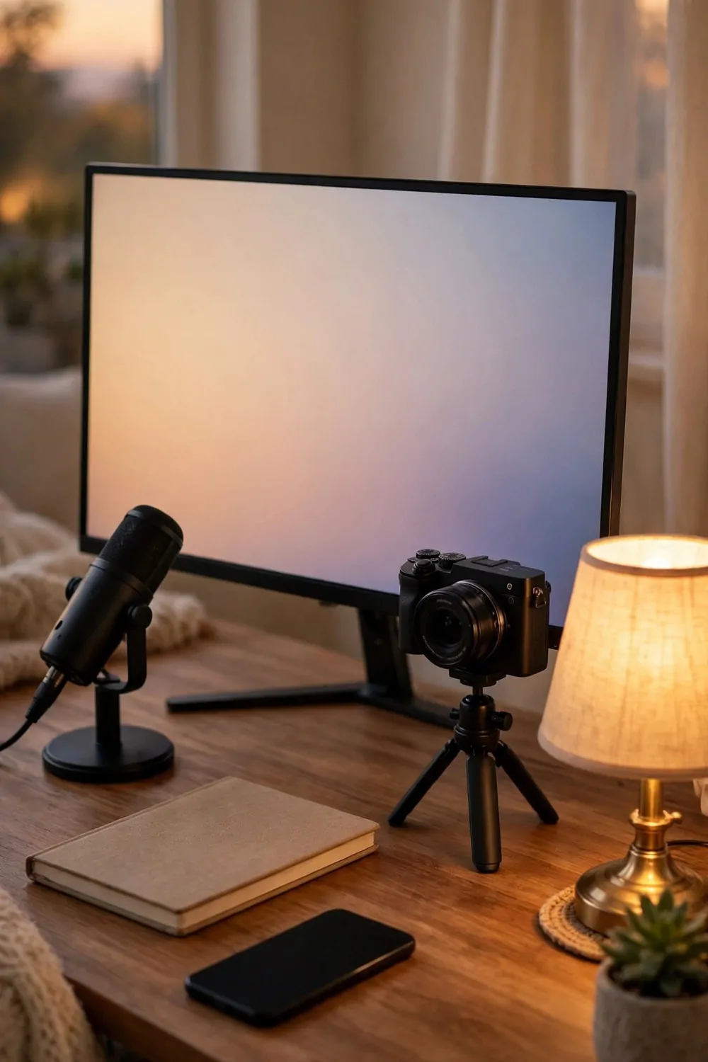 16 Live Studio Design Setups for Smooth Streams 16 A calm streaming desk at the end of a show with a monitor showing a plain soft gradient, a microphone on a desk stand, a camera on a mini tripod, a blank notebook, a phone face down, a warm lamp and a small plant