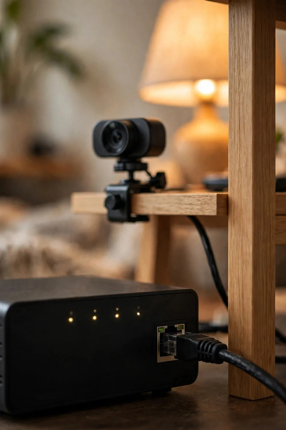 16 Live Studio Design Setups for Smooth Streams 1 A router with a thick ethernet cable plugged in beside a tidy desk with a streaming camera and a warm lamp