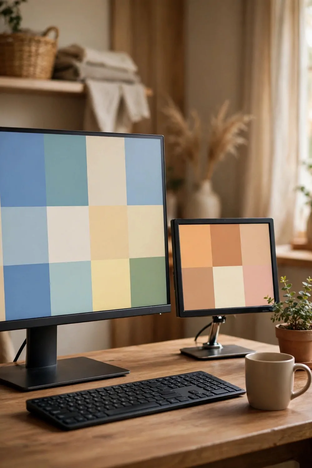 16 Live Studio Design Setups for Smooth Streams 2 A second small monitor on a stand beside a main monitor showing plain colored blocks, a keyboard and a plant on a tidy desk