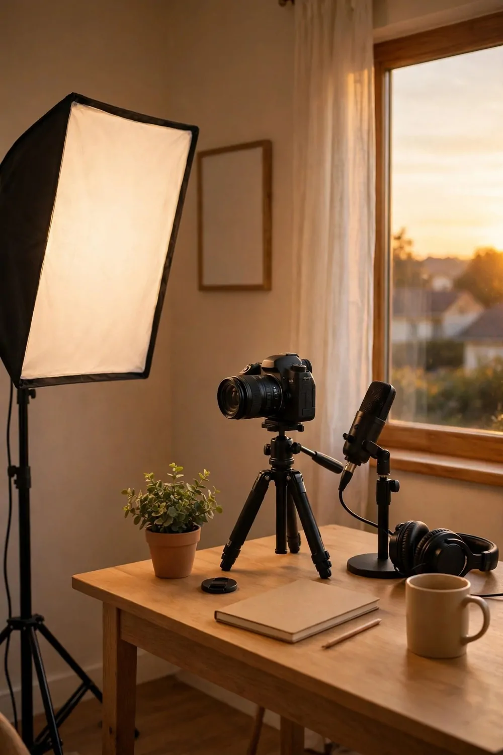16 Live Studio Design Setups for Smooth Streams 3 A large softbox key light on a stand beside a desk with a camera on a tripod and a microphone