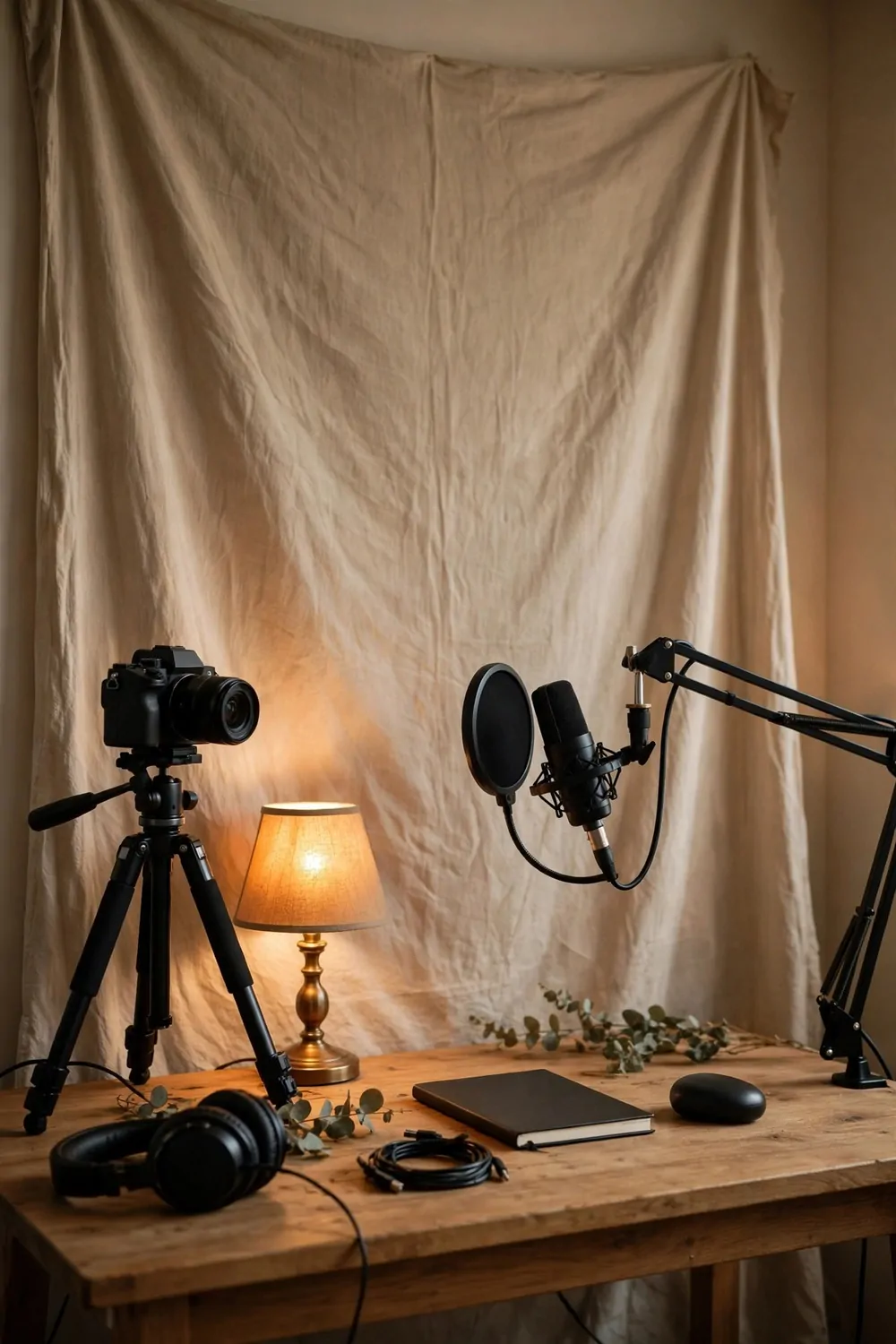 16 Live Studio Design Setups for Smooth Streams 4 A plain warm beige fabric backdrop curtain behind a desk with a microphone on a boom arm and a camera on a tripod