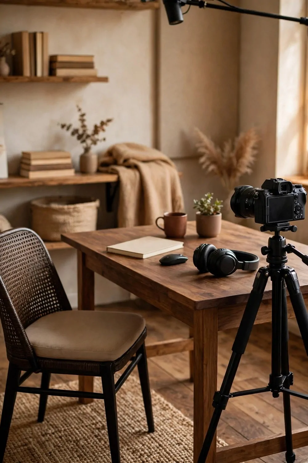 16 Live Studio Design Setups for Smooth Streams 5 A desk with an empty chair, a camera on a tripod, headphones and a microphone on a boom arm at the top of the frame