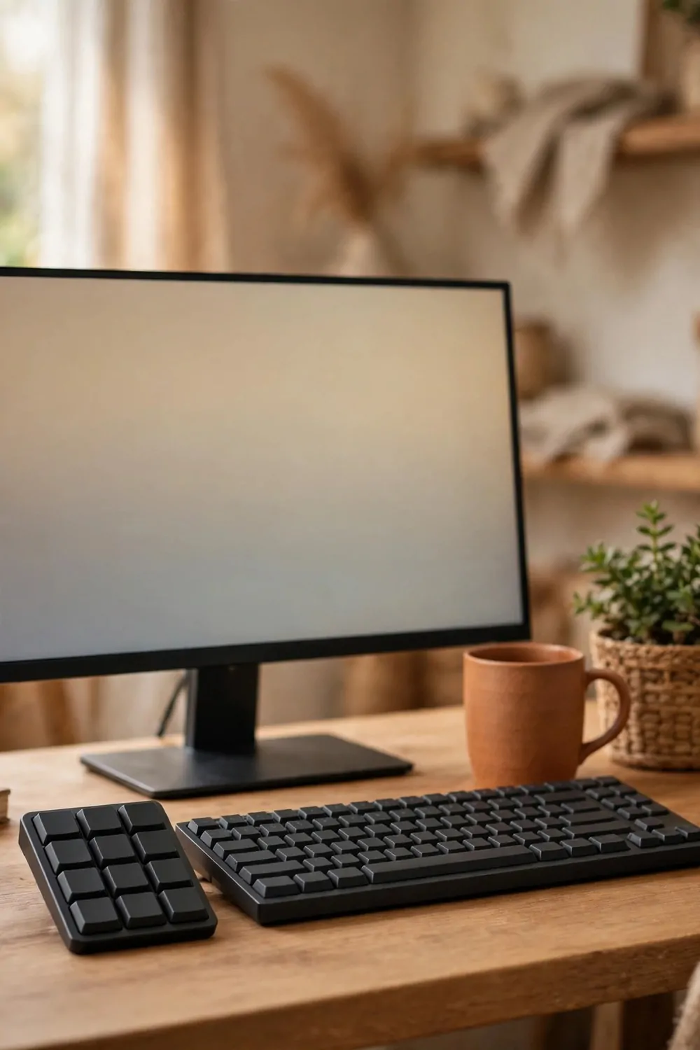16 Live Studio Design Setups for Smooth Streams 6 A small macro keypad with plain blank keys beside a keyboard on a tidy desk with a monitor behind