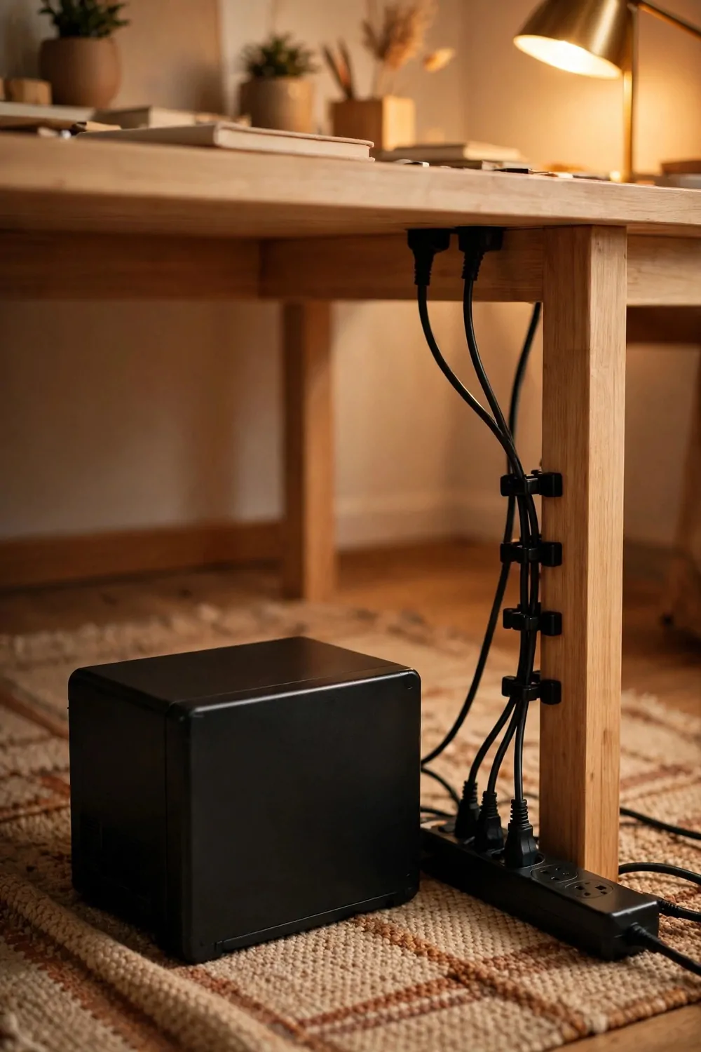 16 Live Studio Design Setups for Smooth Streams 7 A black battery backup box under a tidy desk with neatly clipped cables and a power strip