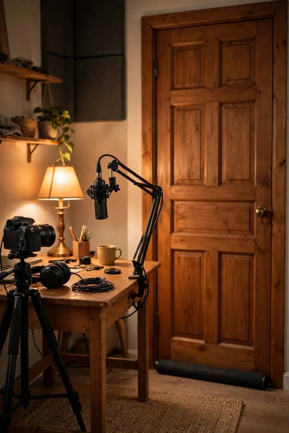 16 Live Studio Design Setups for Smooth Streams 8 A closed wooden door with a draft stopper along the bottom and a desk with a microphone and camera nearby