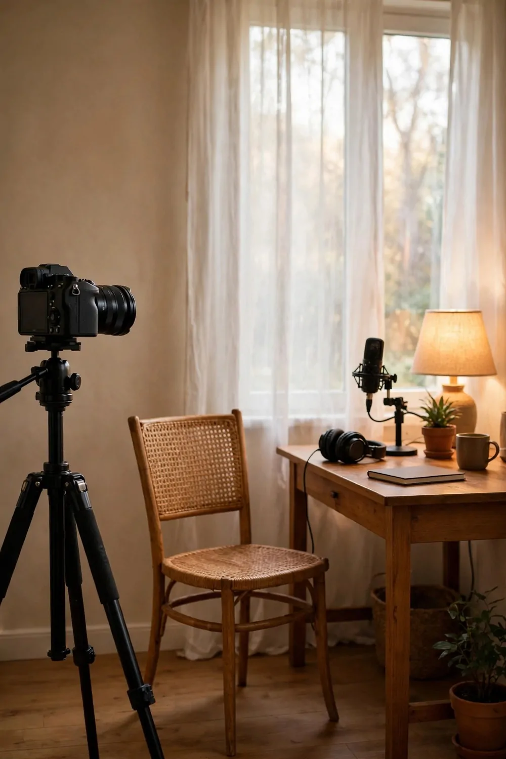 16 Live Studio Design Setups for Smooth Streams 9 A camera on a tall tripod at eye level facing an empty chair with a desk, microphone and warm lamp