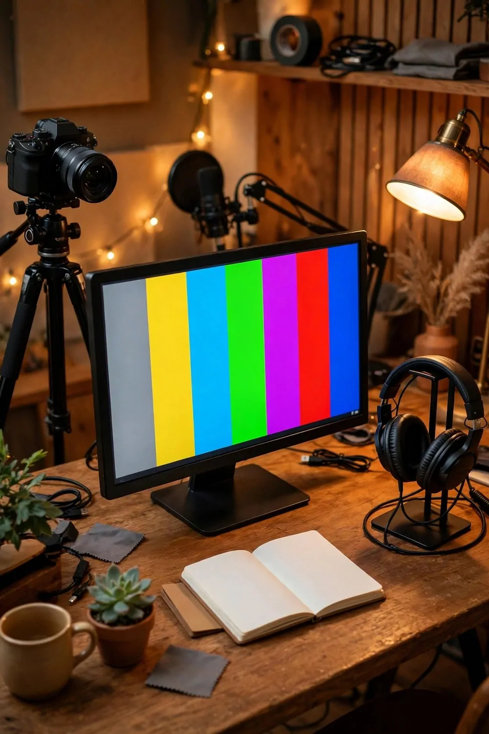 16 Live Studio Design Setups for Smooth Streams 10 A streaming desk with a monitor showing plain color bars, a camera on a tripod, headphones on a stand and a blank notebook
