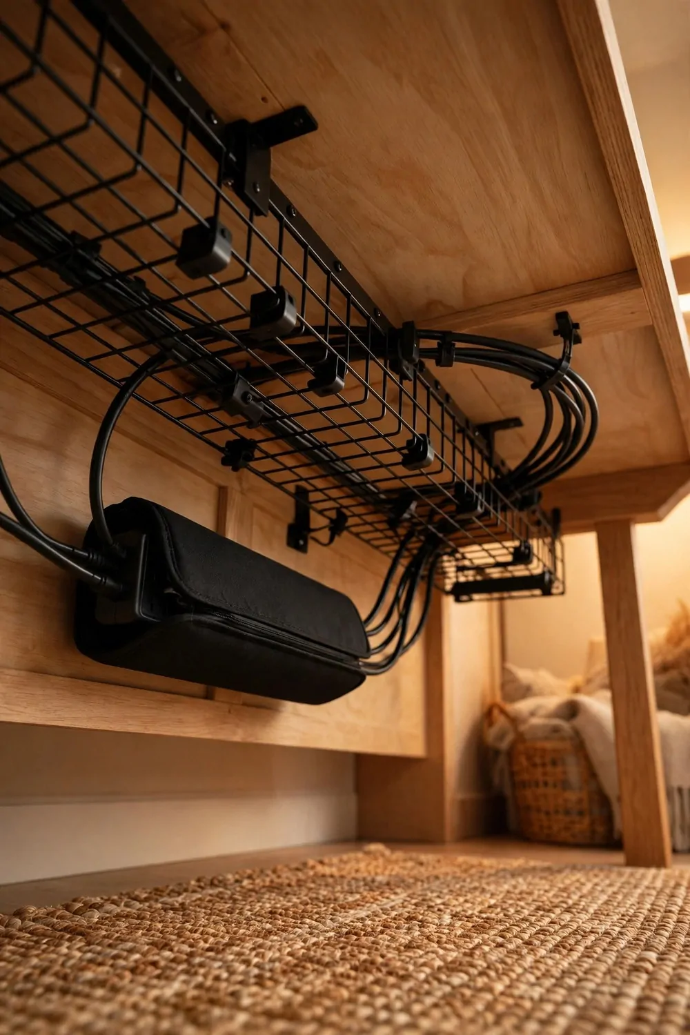 16 Live Studio Design Setups for Smooth Streams 11 A tidy desk underside with a mounted cable tray, clipped cables and a covered power strip