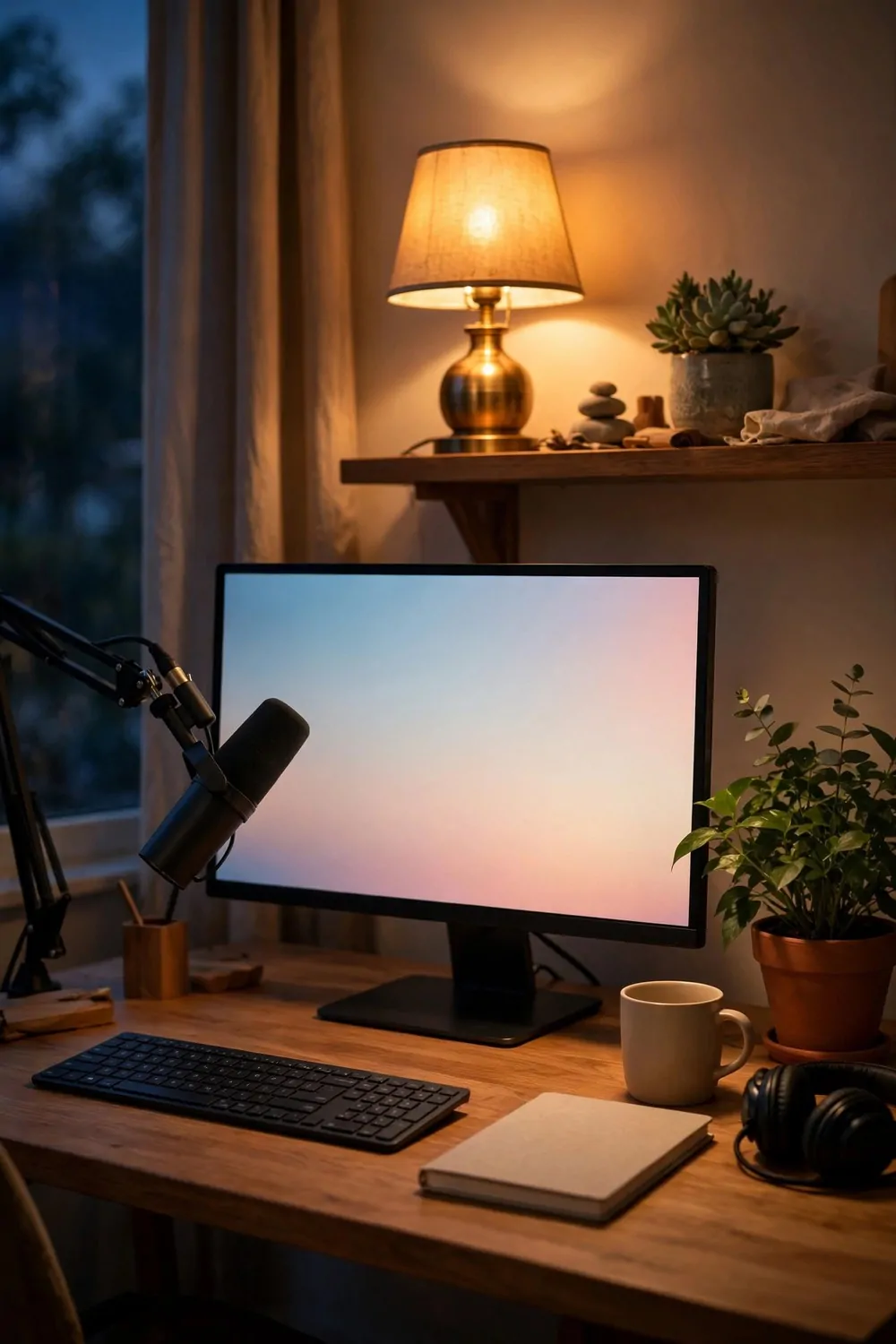 16 Live Studio Design Setups for Smooth Streams 12 A warm glowing lamp on a shelf behind a desk with a monitor, a microphone on a boom arm and a plant