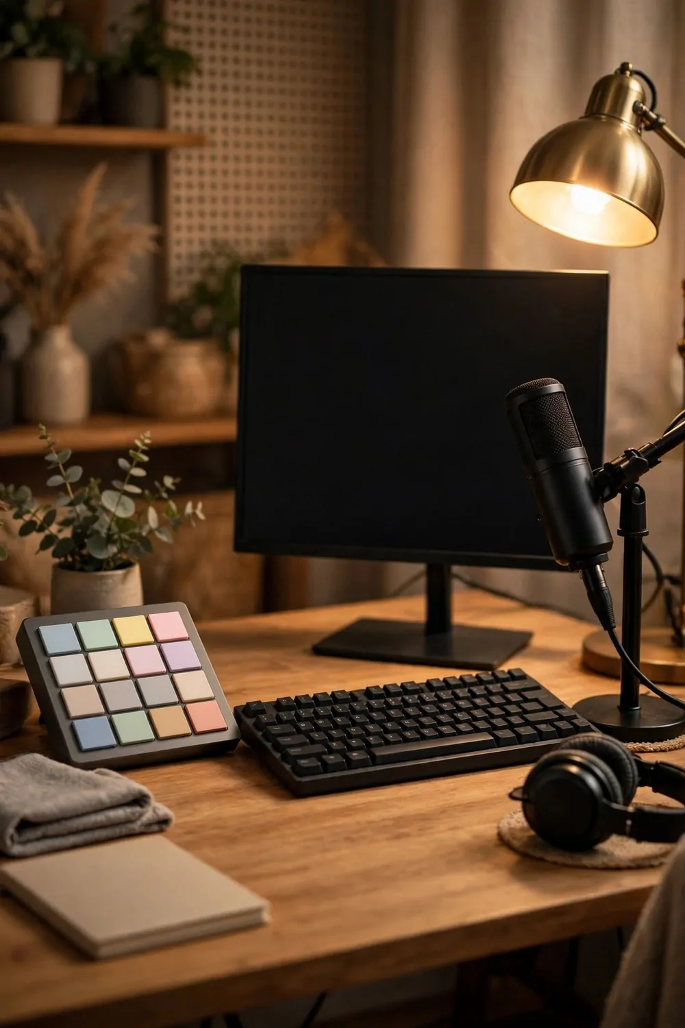 16 Live Studio Design Setups for Smooth Streams 13 A small control pad with plain blank colored keys beside a keyboard on a tidy desk with a monitor and microphone