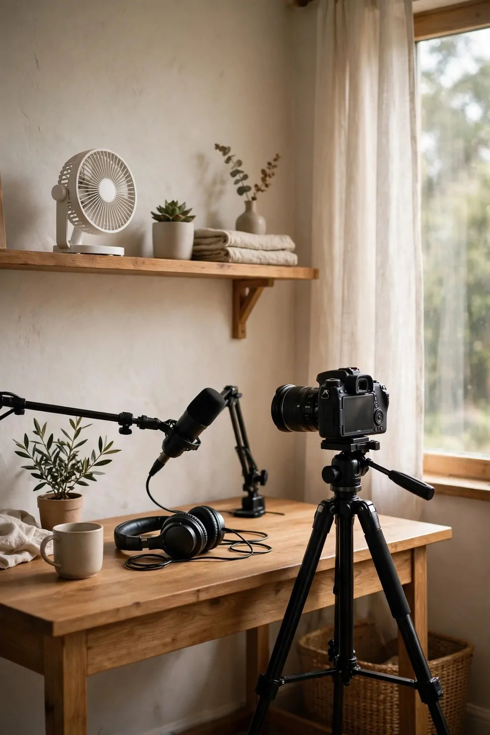16 Live Studio Design Setups for Smooth Streams 14 A small quiet desk fan on a shelf beside a streaming desk with a camera on a tripod and a microphone