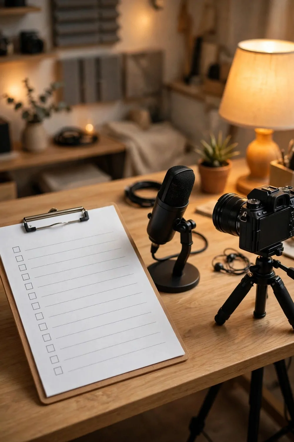 16 Live Studio Design Setups for Smooth Streams 15 A clipboard with a blank checklist sheet of empty lines and checkboxes on a desk beside a microphone and a camera on a tripod