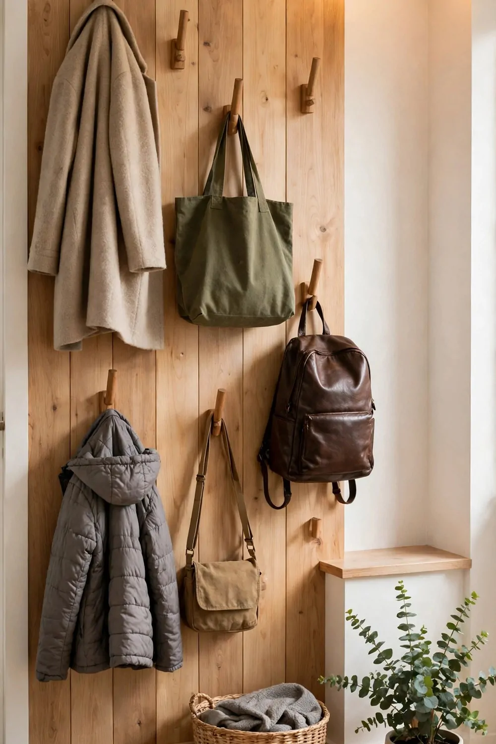 16 Mudroom Ideas for Busy Families With No Space to Spare 1 Wooden wall hooks at different heights holding coats and bags in a small entryway, warm light