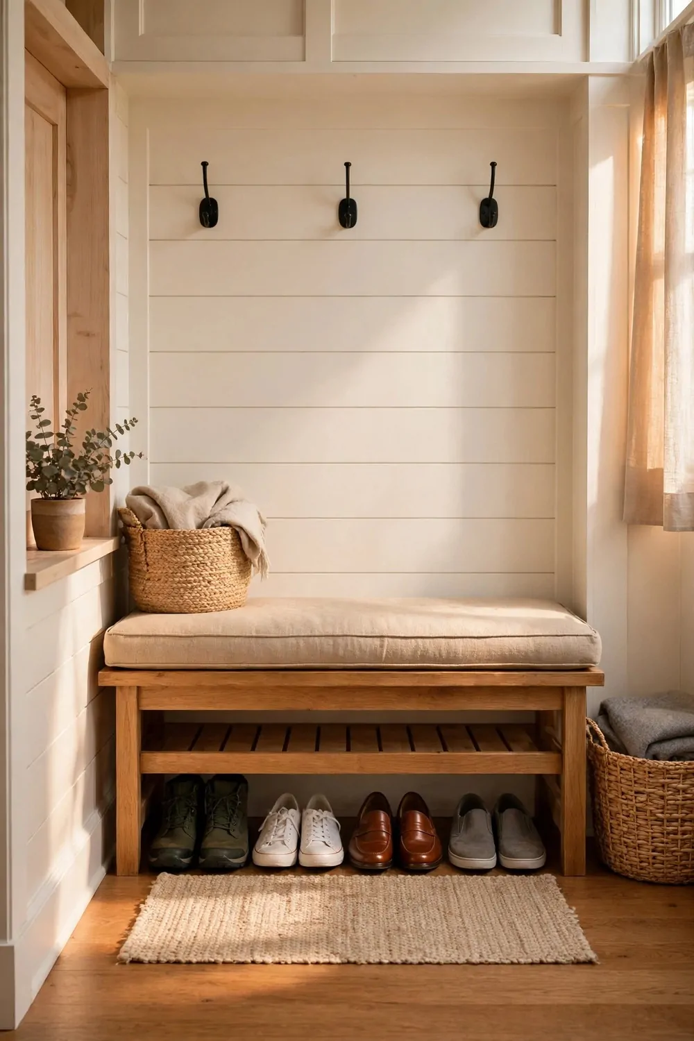 16 Mudroom Ideas for Busy Families With No Space to Spare 2 A wooden bench with shoes stored neatly underneath in a small mudroom, warm light