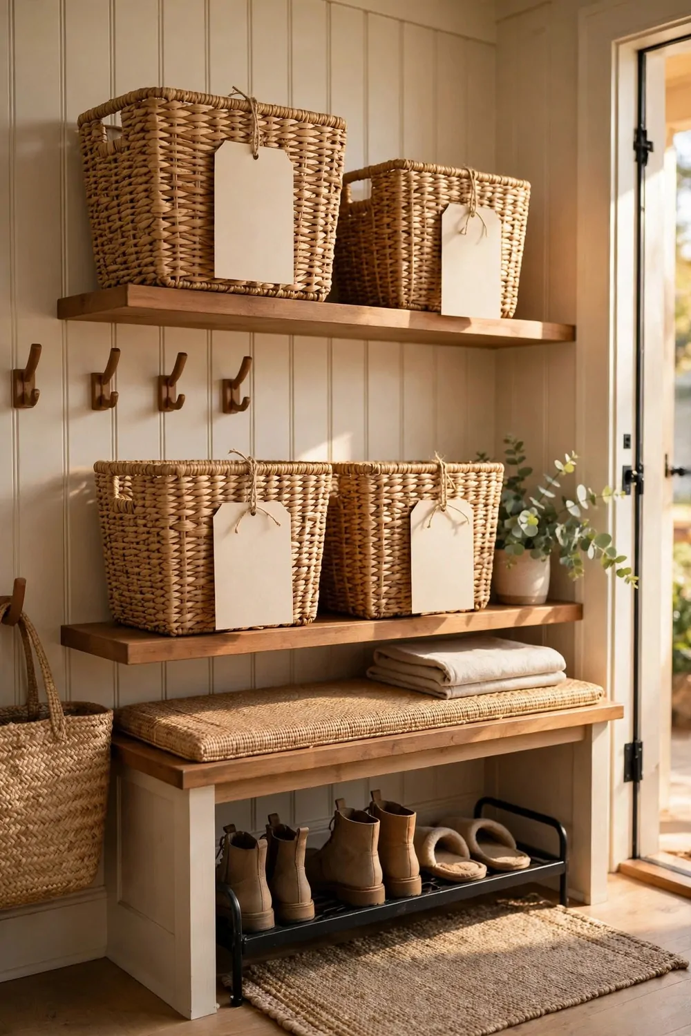 16 Mudroom Ideas for Busy Families With No Space to Spare 3 Woven baskets with blank paper labels on a wooden shelf in a mudroom, warm light